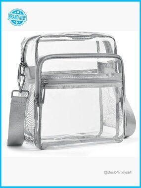 Clear Crossbody Bag Stadium Approved 12x6x12 with 3 Zipper Pockets Tote